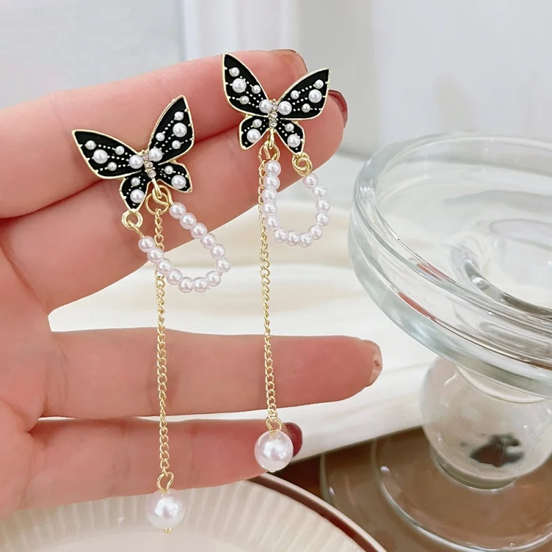 Korean Style Earrings Temperament Fashion New Tassel Bow Pearl Earrings Factory Wholesale Sales Pendientes Serpiente Feminina