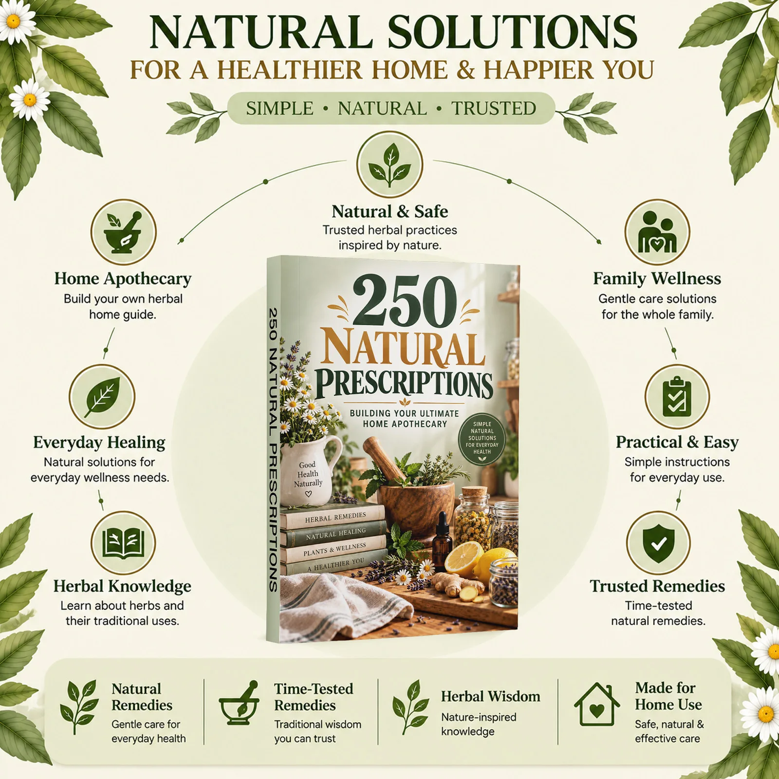 250 Natural Home Apothecary Solutions, Herbal Wellness Guide with Everyday Herbs, Essential Oils, Botanical Ingredients, Simple