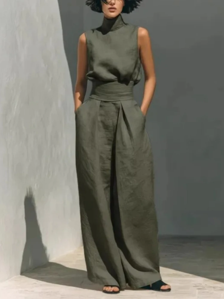 

Fashion Elegant 2Pc Pants Set 2026 Summer Sleeveless Turtleneck Top+Wide Leg Pants High Street Casual Two Piece Set Women Outfit