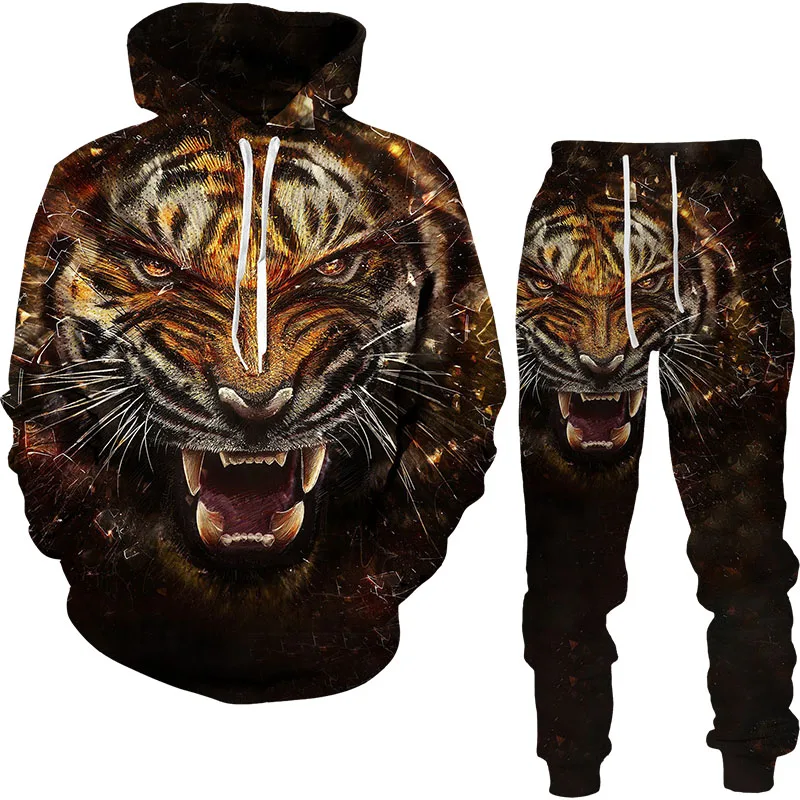 Conjunto de Sudadera con capucha y pantalones para hombre y mujer, chándal informal con estampado 3D de tigre del bosque, ropa de 2 piezas