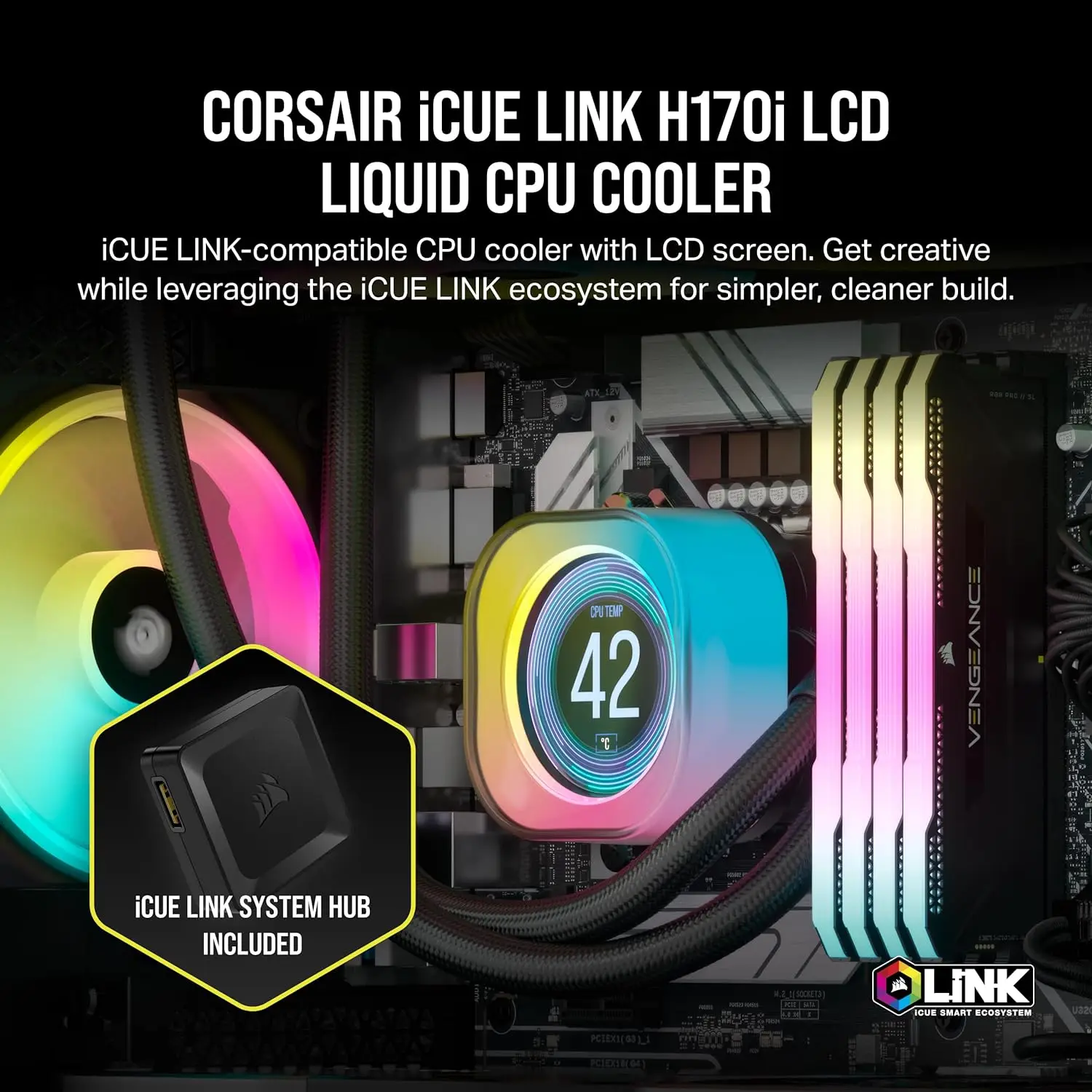 CORSAIR iCUE Link H170i LCD Liquid CPU Cooler - 420mm AIO - QX140 RGB Fans - 2.1” IPS LCD Screen - iCUE Link System Hub Included