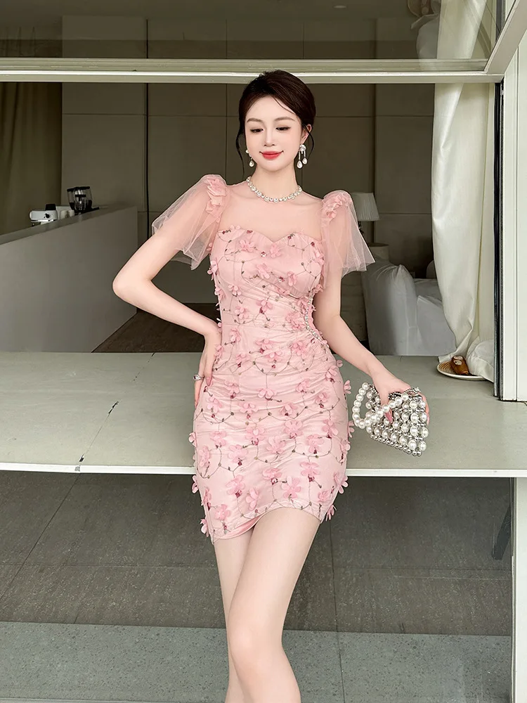 French Pink Puff Sleeve Mesh Dress Sweet Style Age-Reducing High Waist Hip Skirt Summer Women