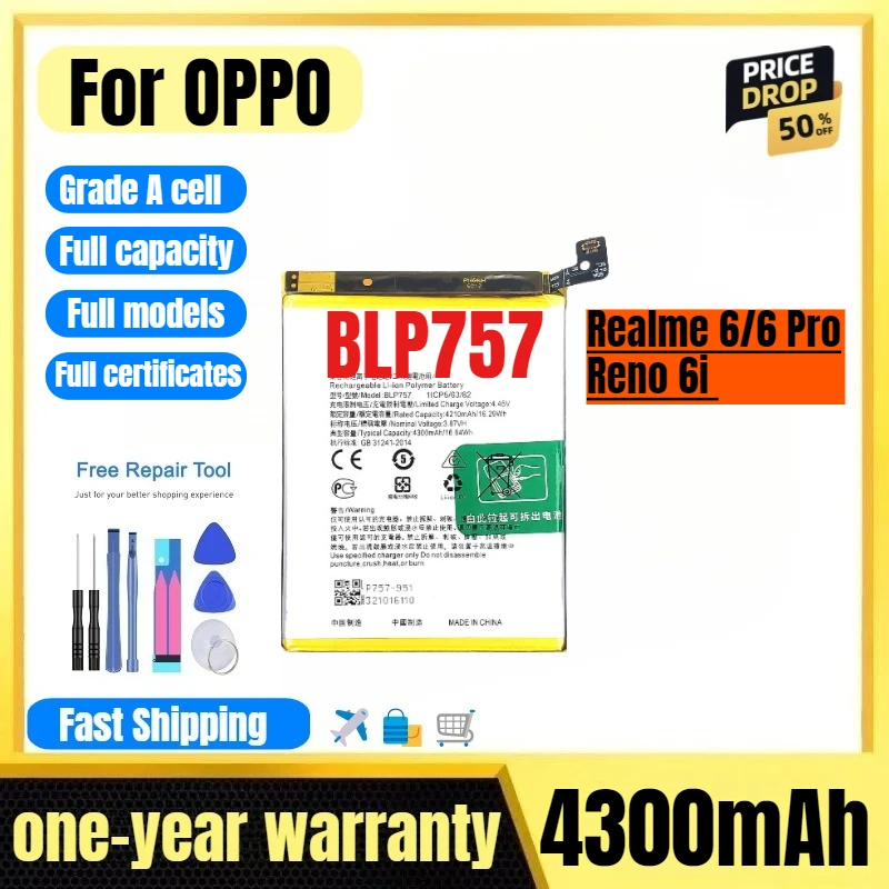 

BLP757 for OPPO Realme 6/6 Pro/Reno 6i Phone Battery High Quality High Capacity Replacement Bateria Grade A Cell with Tools
