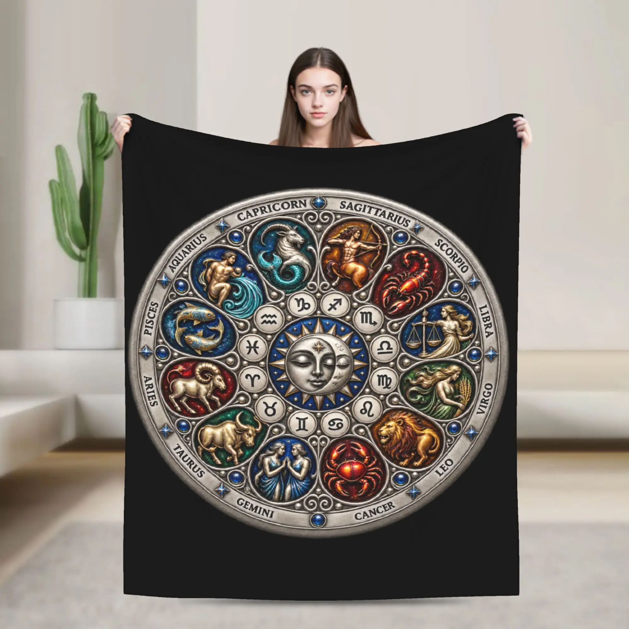 12 Zodiac Wheel Signs Astrology Sun Moon Astrology Lovers Warm Blanket  Plush Throw Blanket Funny Living Room Flannel Bedspread