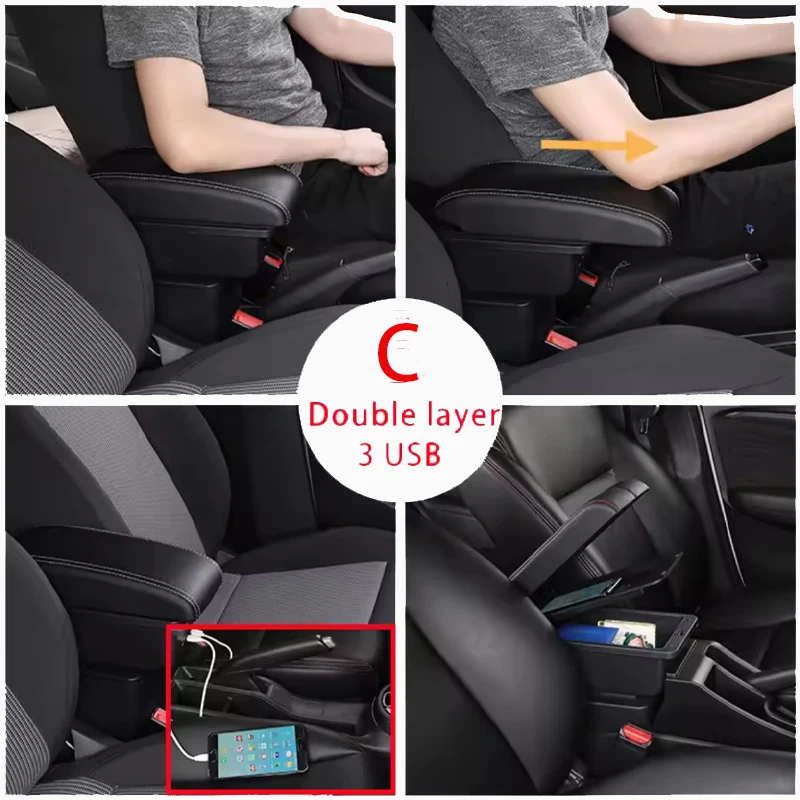 For SEAT ARONA Car Armrest Modification Multifunctional Double-Layer Storage Box with USB Charging Easy to Install Car Accessory