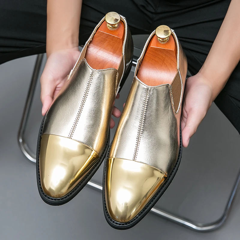 

British Style Pointed Toe Gold Chelsea Shoes For Men Casual Leather Men's Dress Shoes Brogue Shoes Male Yuppie Size 47 2025