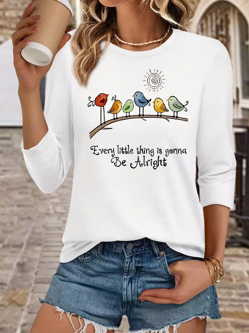 Women Summer Crew Neck T-shirt, Every Little Thing Is Gonna Be Alright Inspirational Print, Casual Tee for Ladies