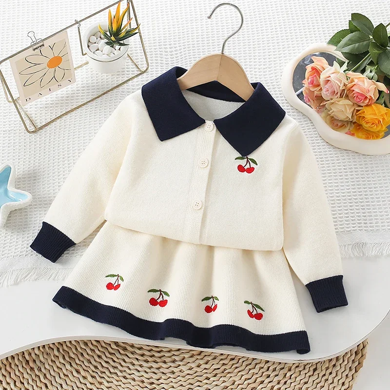 2025 New Autumn Winter Baby Girls Clothing Set 2-6Yrs Kids Knitted Clothing Suit Long Sleeved Knitted Cardigan+Short Skirt
