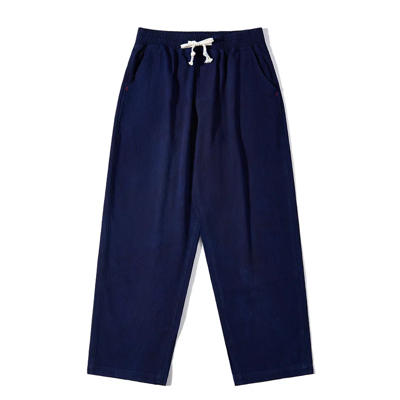 Handmade Plant-based Indigo Dyed Men's Summer Classic Herringbone Loose Fit Wide Leg Fading 100% Cotton Washed Workwear Pants
