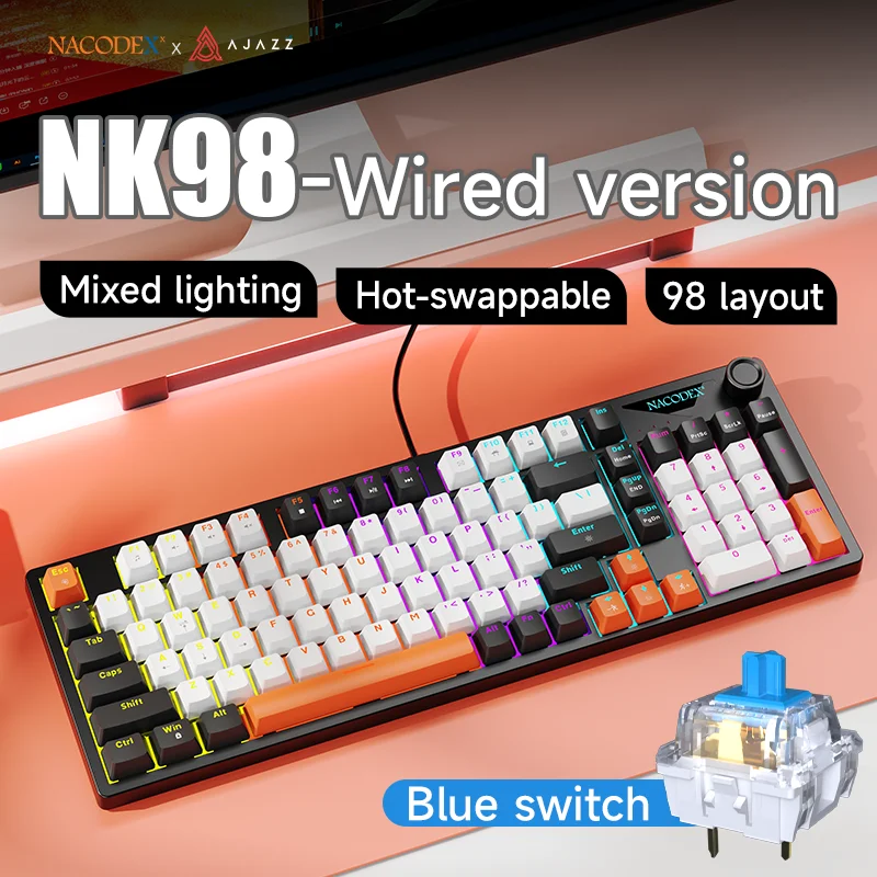 AJAZZ NK98 Hot-swappable mechanisch toetsenbord, metalen volumeknop, verlichte toetsen, bedraad toetsenbord