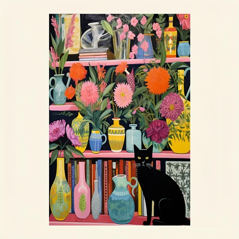 

Набор цифровой картины маслом для взрослых, натюрморт, картины черных кошек и свежих зеленых листьев, включая кисти, украшение для дома