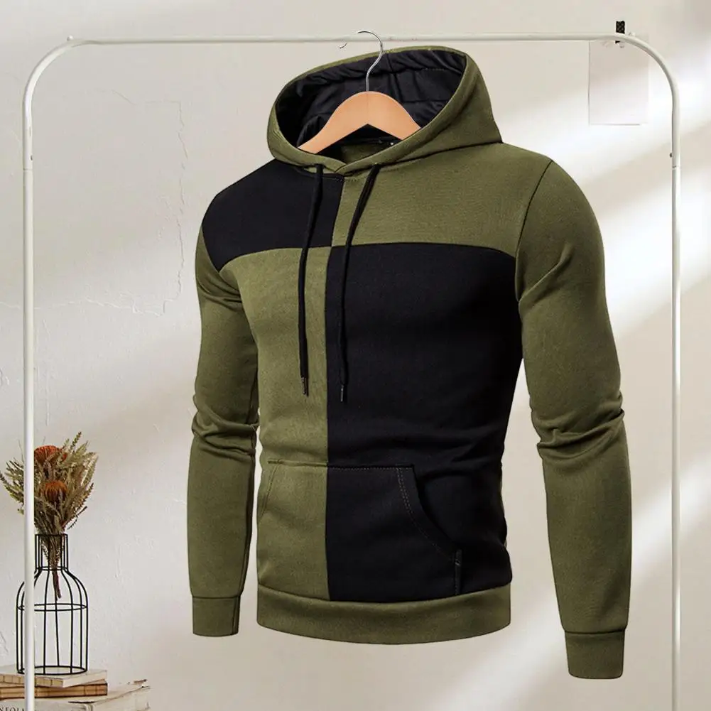 Men Hoodie Color Block Hooded Sweatshirt Men's Colorblock Drawstring Hoodie with Big Pocket Retro Thin Loose Fit for School Wear