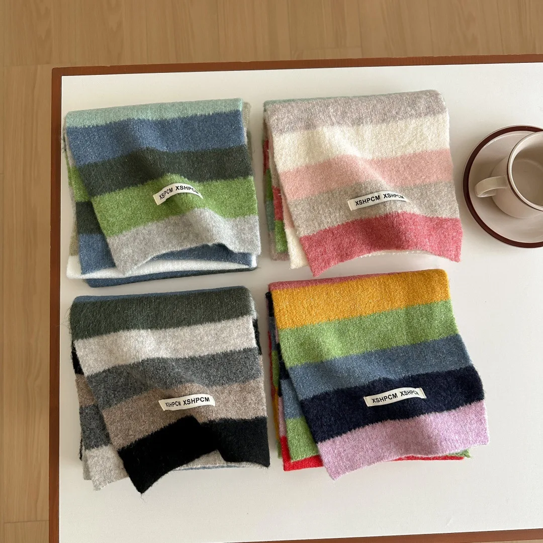Colorful Striped Wool Scarf for Women Winter Knit Color Block Short Neck Warmer Soft Small Fresh Design