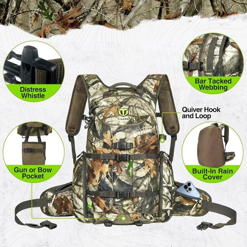 Hunting Backpack, Waterproof Camo Hunting Pack with Rain Cover, Long-Lasting Large Capacity Hunting Day Pack for Rifle Bow Gun