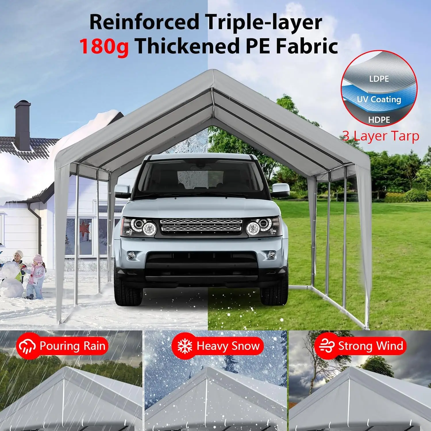 Carport 13 X 20 Heavy Duty Portable Garage, Waterproof Anti-Snow Carport With Removable Sidewalls 180G Pe Fabric, Galvanized