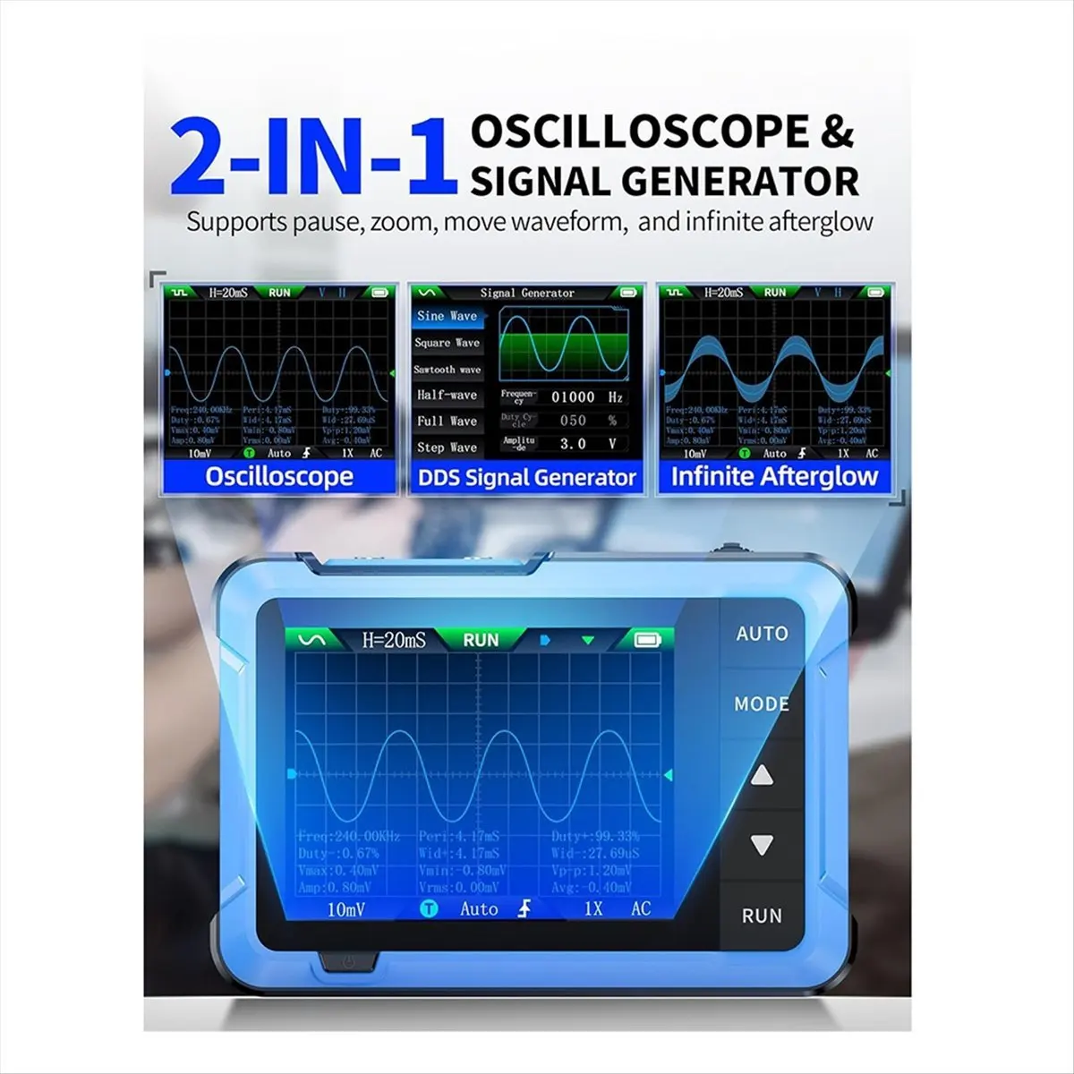 |NEWAA73|Oscilloscope/DDS Signal Generator 2-in-1,2.8 Inch TFT,10MHz Bandwidth, 48MS/S Sampling Rate, Trigger Function A