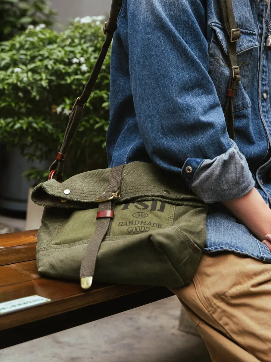 casual daily travel high quality canvas men's crossbody bag vintage designer luxury handmade commute army green shoulder bag