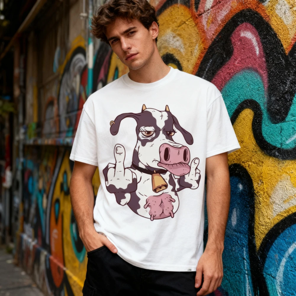 Rude Cow Finger Flip Mens T-Shirt Funny Offensive Adult Unisex Streetwear Men Women Fashion Casual Crewneck Cotton Tee Tops