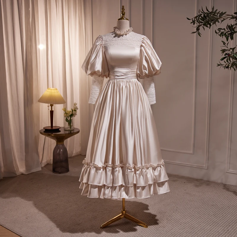 AnXin SH-Robe de soirée à volants en dentelle, col rond, manches longues bouffantes, petite robe blanche personnalisée, satin champagne, fleur princesse