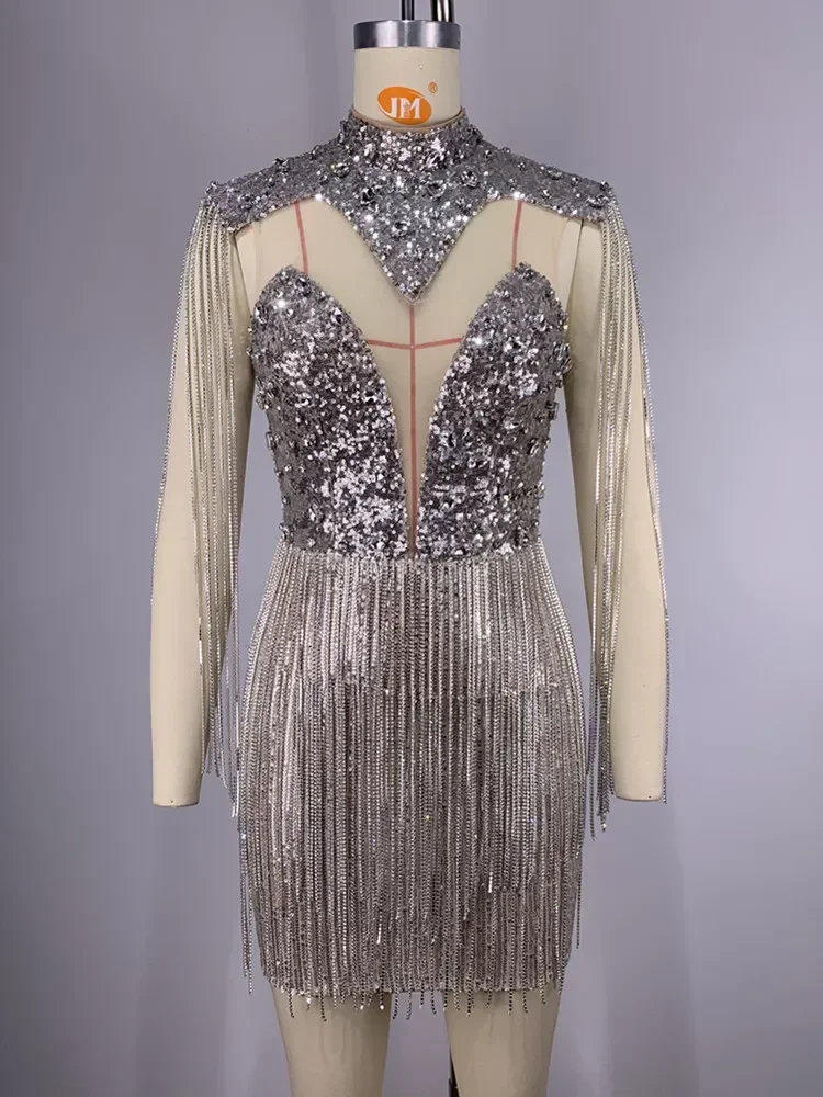 Crystal Sparkly Diamonds Silver Mini Bodycon Dress 2024 Elegant Party Evening Stage Performance Dress y2k dress