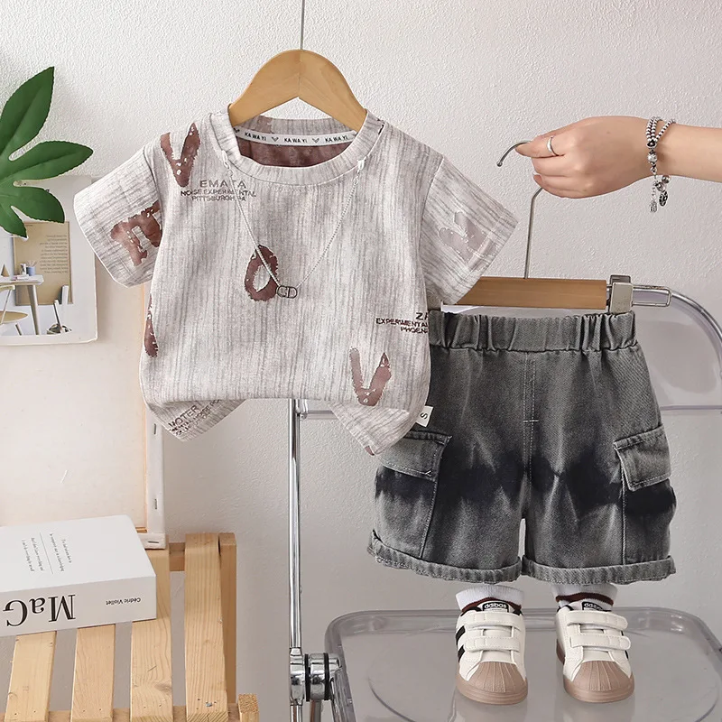 Toddler Boys Summer Outfits Kids Casual Tie Dye Letter Print T-Shirt and Cargo Shorts 2 Piece Set Children Streetwear Clothes