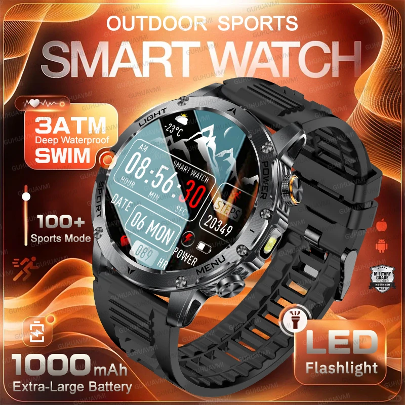 

NEW Outdoor Exploration Smart Watch Men 1.75”HD Screen 1000mAh Battery LED Flashlight 3ATM Waterproof Bluetooth Call Sport Watch