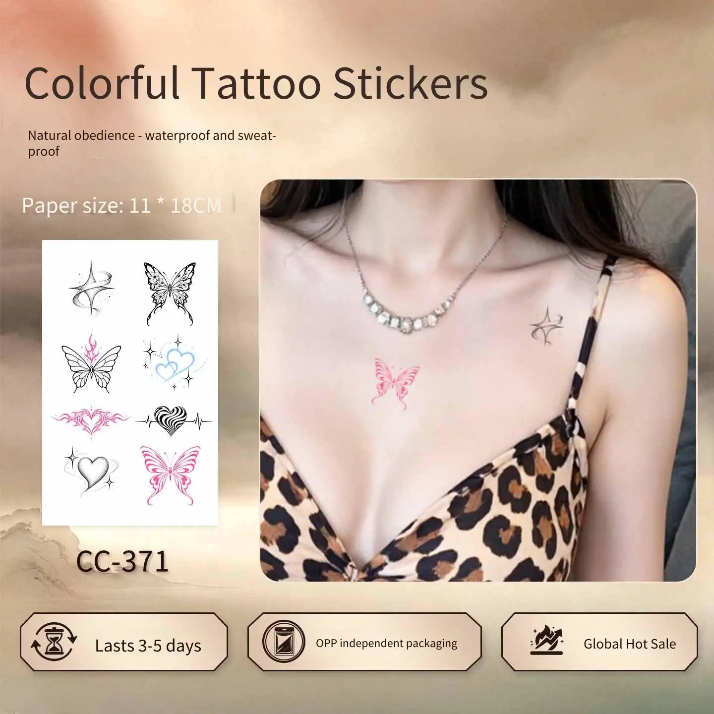 1 Sheet Per Pack Temporary Tattoo Sticker Waterproof Long Lasting Butterfly Heart Arm Collarbone for Women