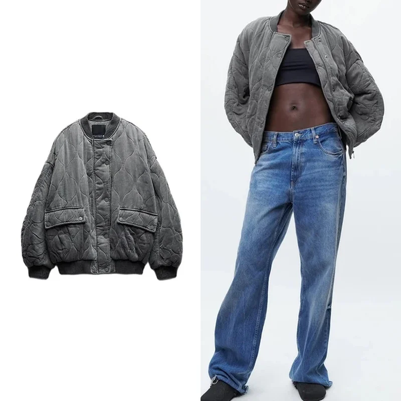 

Women's New Warm Loose Cotton Jacket Fall and Winter Round Neck Long Sleeve Zipper with Button Jacket Fashion Retro Jacket