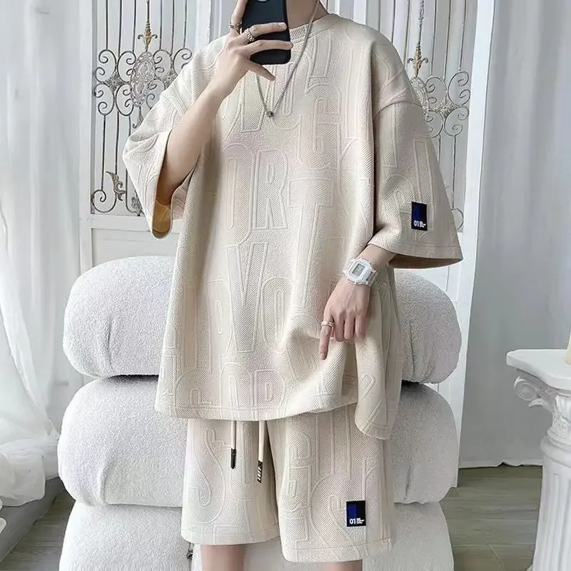2025 3D Men's new lattice  TZ30 Summer Suit  Casual T-shirt + Shorts Suit Men's Tracksuit Solid color tracksuit loose suit