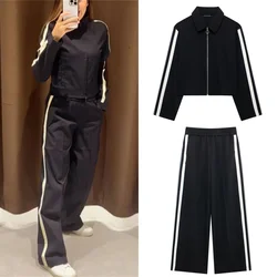 2 Piece Set Women Outfit Fashion Black White Patchwork Suit Zipper Sports Coat Elastic Baggy Pants Female Casual Street Clothing