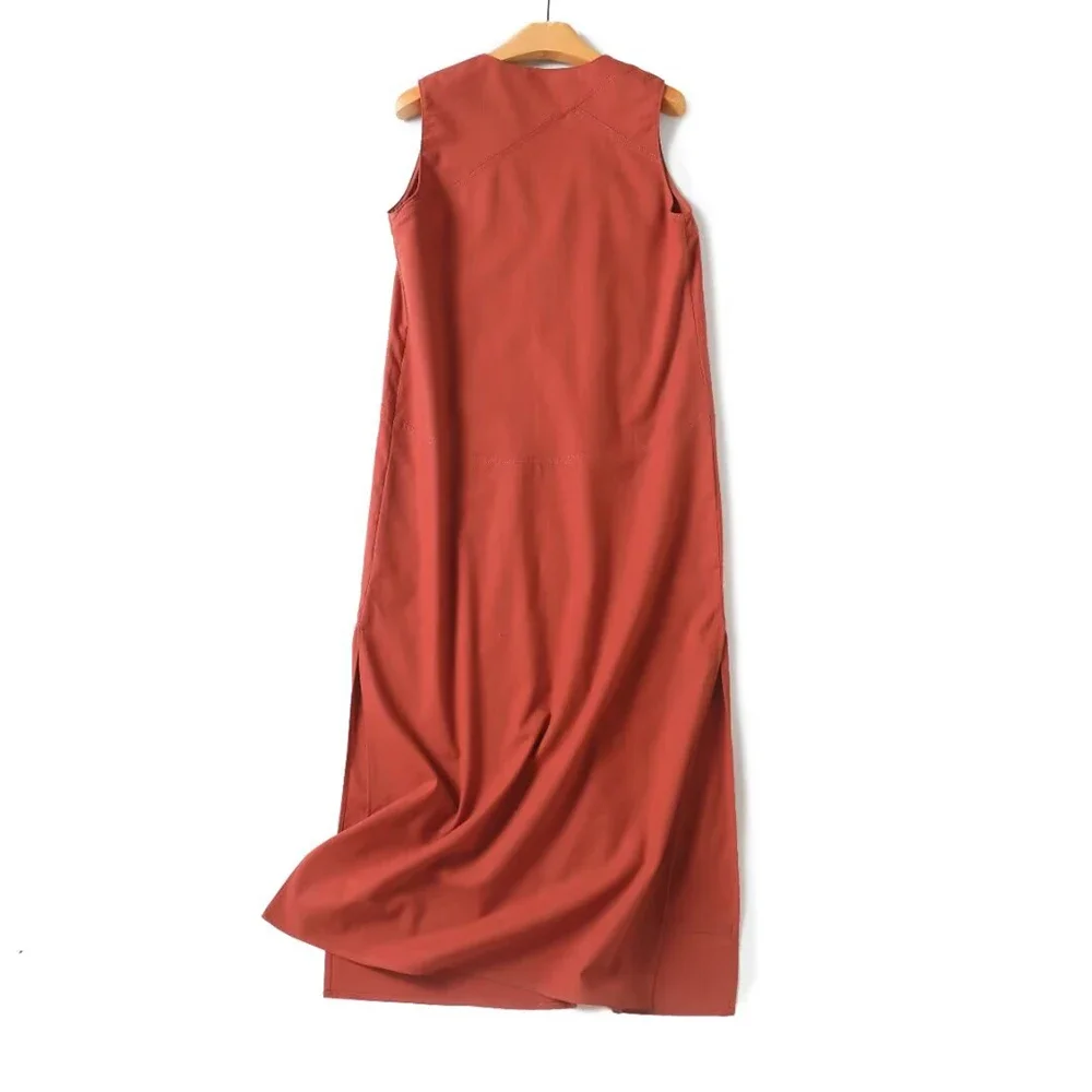 Women Vintage Red Midi Dress Plunging V-neckline Sleeveless Gown Elegant Chic Asymmetric Seams Straight Party Dress Side Splits