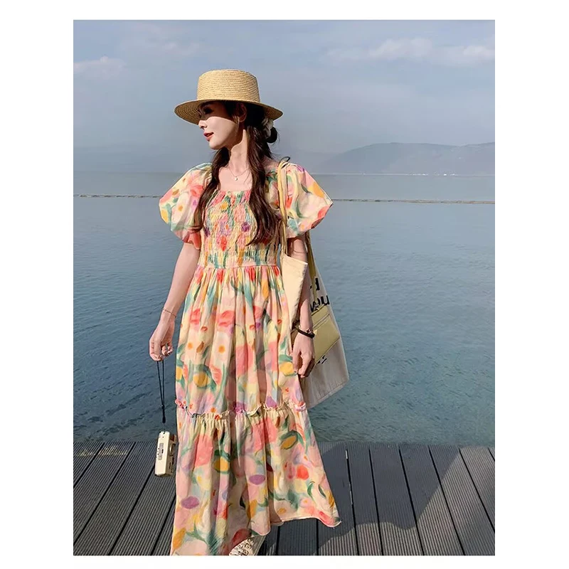 Vestido floral chique com estampa a-line feminino, um ombro, elegante, babados, feriado, roupa coreana, nova moda, C463