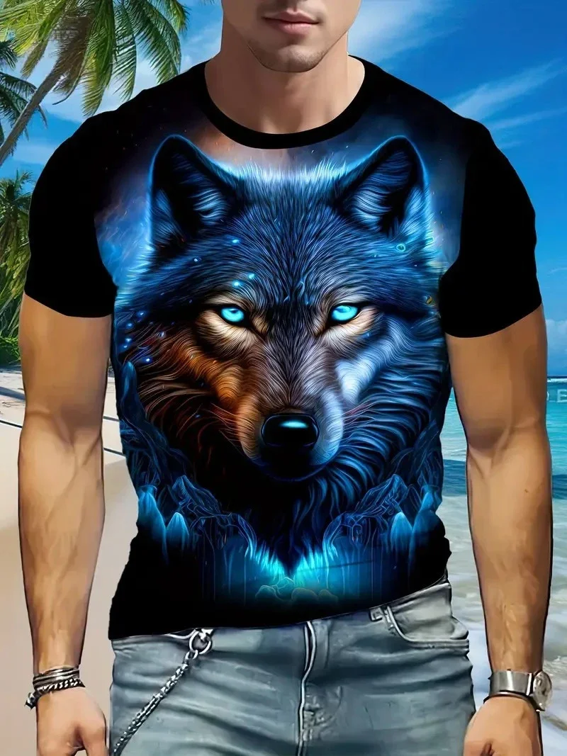 Herren T-Shirt mit Leuchtendem Wolf-Print Blaue Augen Rundhals Kurzarm Coole Streetwear Lässiges Atmungsaktives Shirt