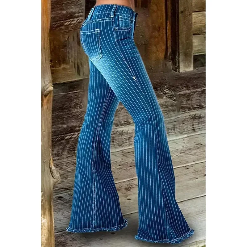Jean à rayures femmes taille moyenne pantalon évasé dames pantalon femme décontracté mince été bouton haute élasticité élégant bureau dame