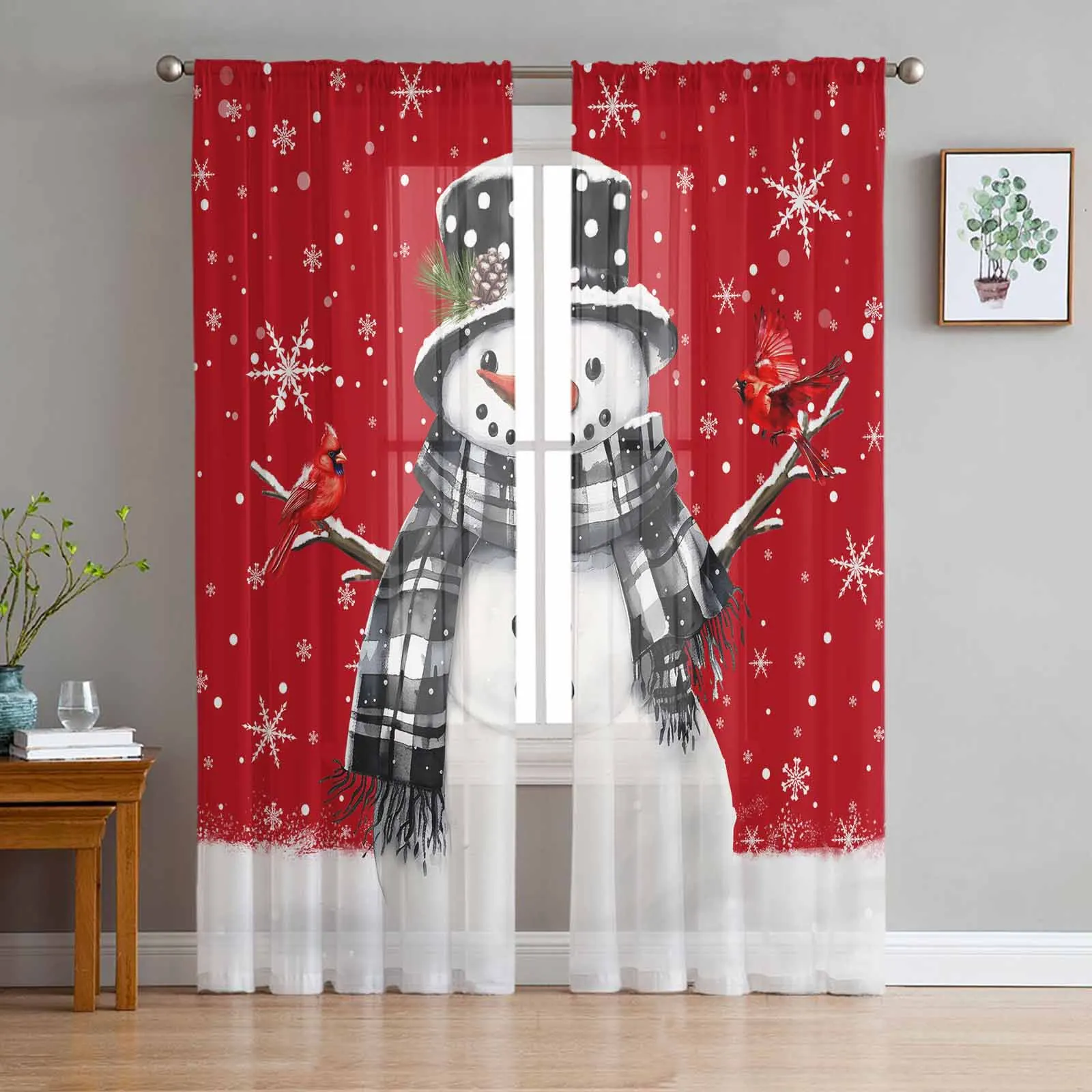 Christmas Snowman Snowflake Robin Red Sheer Curtains Home Living Room Bedroom Kitchen Window Decorations Voile Tulle Curtains