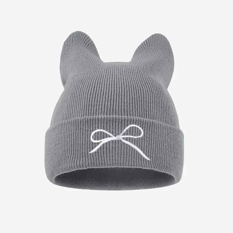 1-3Y Toddler Cat Ear Knit Beanie, Bowknot Embroidery Kids Winter Hat, Sweet Casual Headwear for Daily Wear view 3