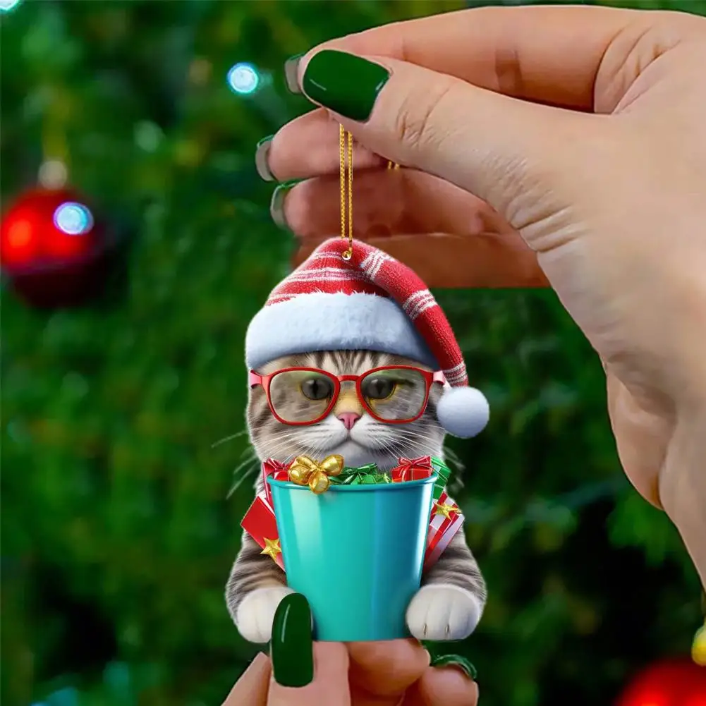 Cat-shaped Pendant for Christmas Spirit Christmas Cat Figure Ornament Set for Tree Car Rearview Mirror Acrylic for Holiday