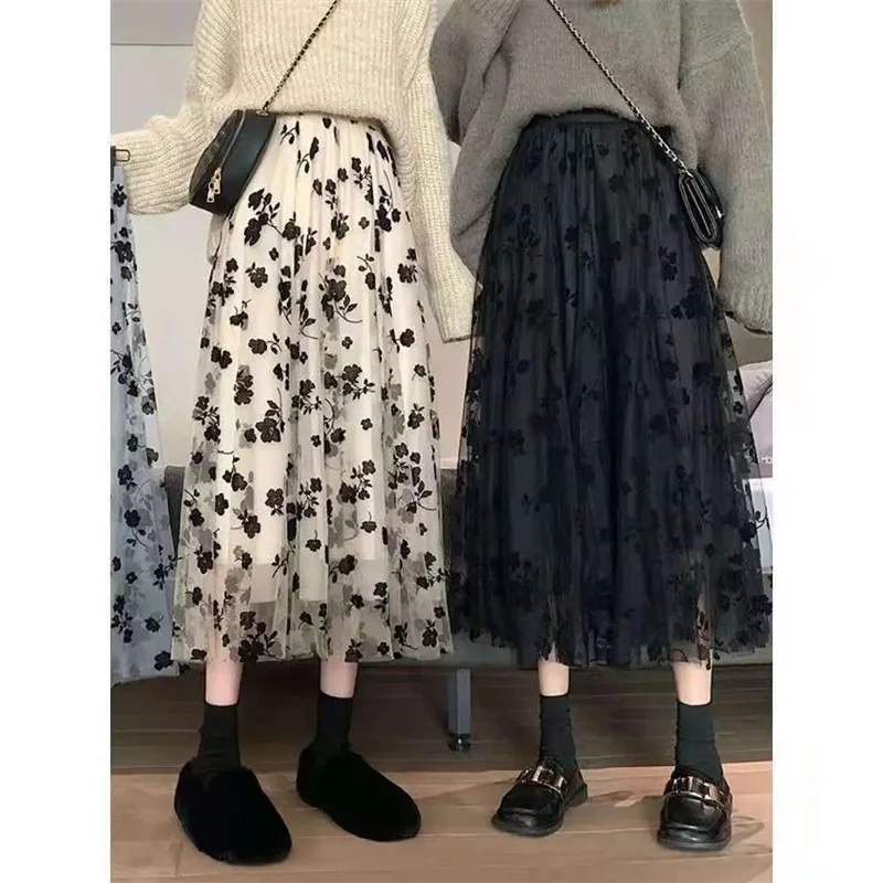 Elegant Floral Women Tulle Skirts High Waist Korean Flocking Pleated Midi Skirts Mesh Summer Office Ladies Skirt New