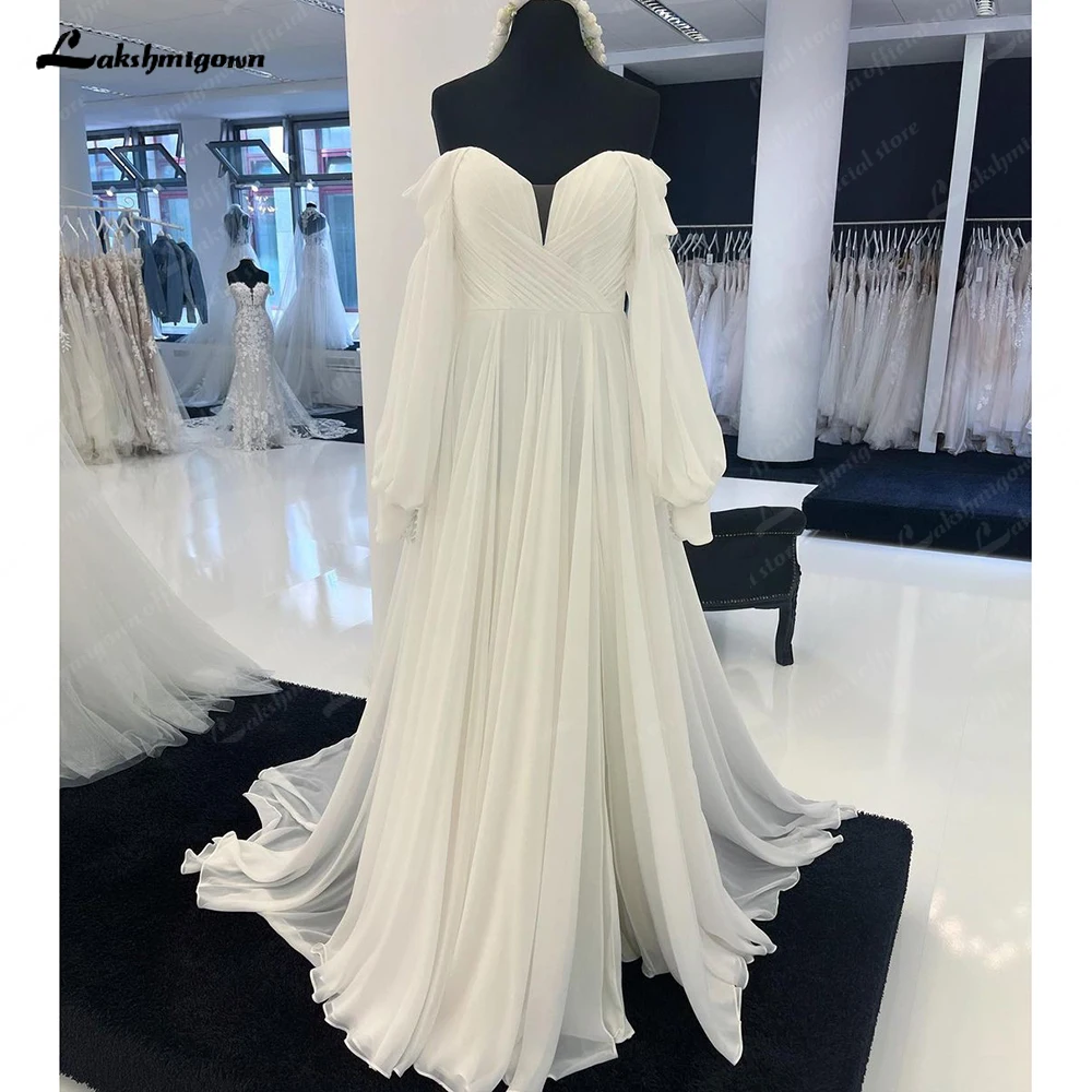 Lakshmigown Pleats Split Side Chiffon Long Puff Sleeve V Neck Wedding Dress for Women 2025 Bridal Gown robe mariage Customized