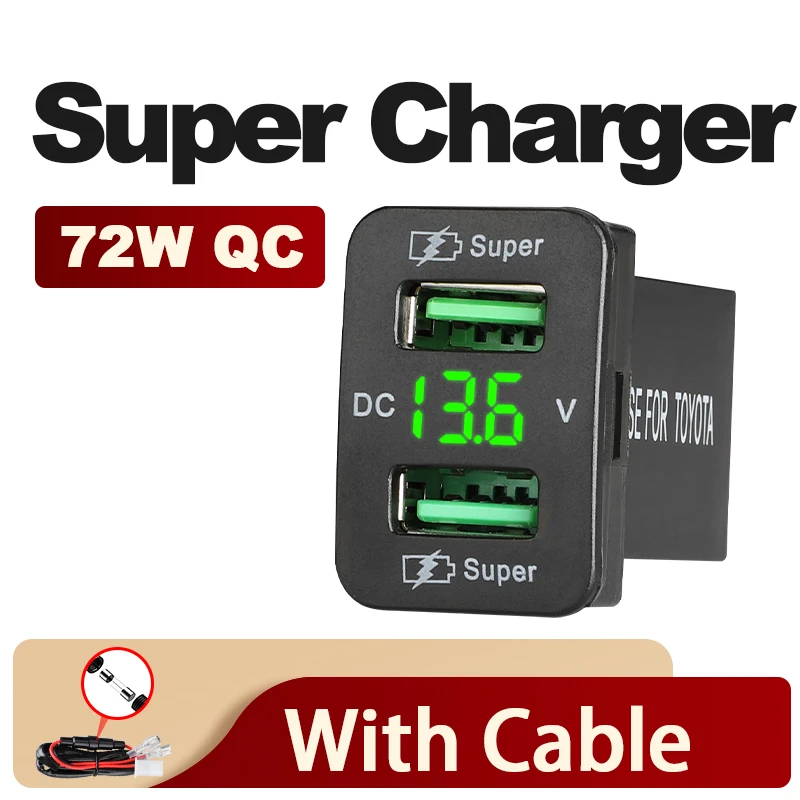 

45W QC Dual USB Port Fast Charging Connector Recessed Car Charger Socket Plug 12-24V Automotive Voltmeter Accessories