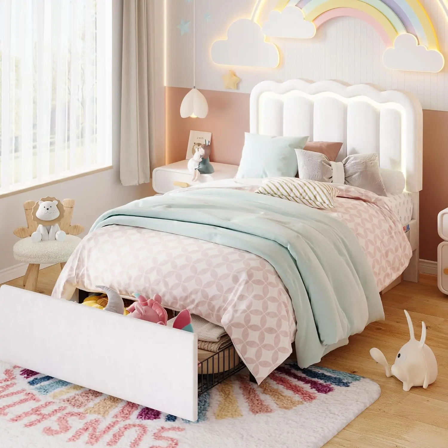 Twin Size Bed Frame LED Lights Storage Drawer White Upholstered Velvet Platform Bed Adjustable Wavy Headboard Noise Free Easy As