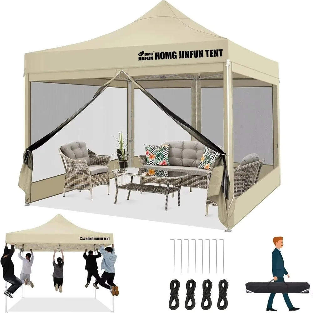 4-Wall Pop Up Canopy Tent 10x10 Portable Waterproof Outdoor Shelter with Mosquito Netting Adjustable Height for Camping