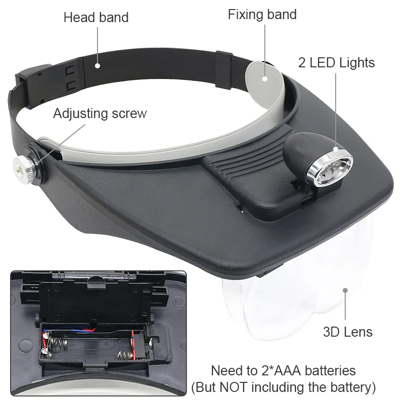 Cabeça Multi-Funcional Vestindo Lupa, Luzes LED para Repair Jewel Processing, Headband Magnifier, 1.2X, 1.8X, 2.5X, 3.5X