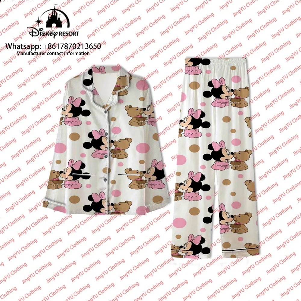 Mickey and Minnie Cartoon Print Fashion Casual Women's Shirts Pajamas Pocket 2023 Winter New 2-piece Shirt Set Women's Pajamas