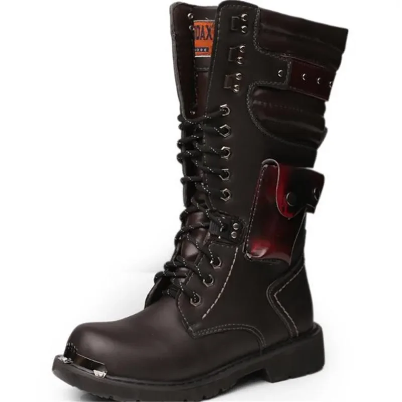 size 37 46 Men's Leather Motorcycle Boots Mid-calf Military Combat Boots Gothic Belt Punk Boots Men Shoes Tactical Army Boot