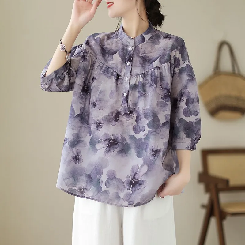 

2023 Summer Arts Style Women 3/4 Sleeve Loose Ladies Pullover Blouse Vintage Floral Print Ladies Casual Shirt Ladies Tops P100