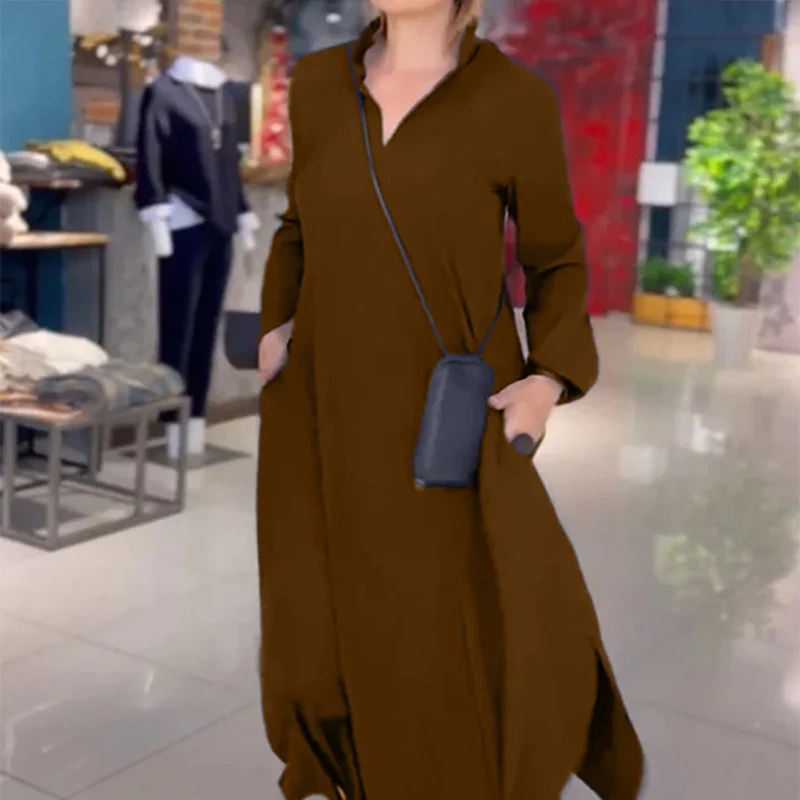 

Solid Color Elegant Women's Dress Turndown Collar Sundress Vintage Long Sleeve Casual Loose Maxi Dresses Vestidos Платье Женское