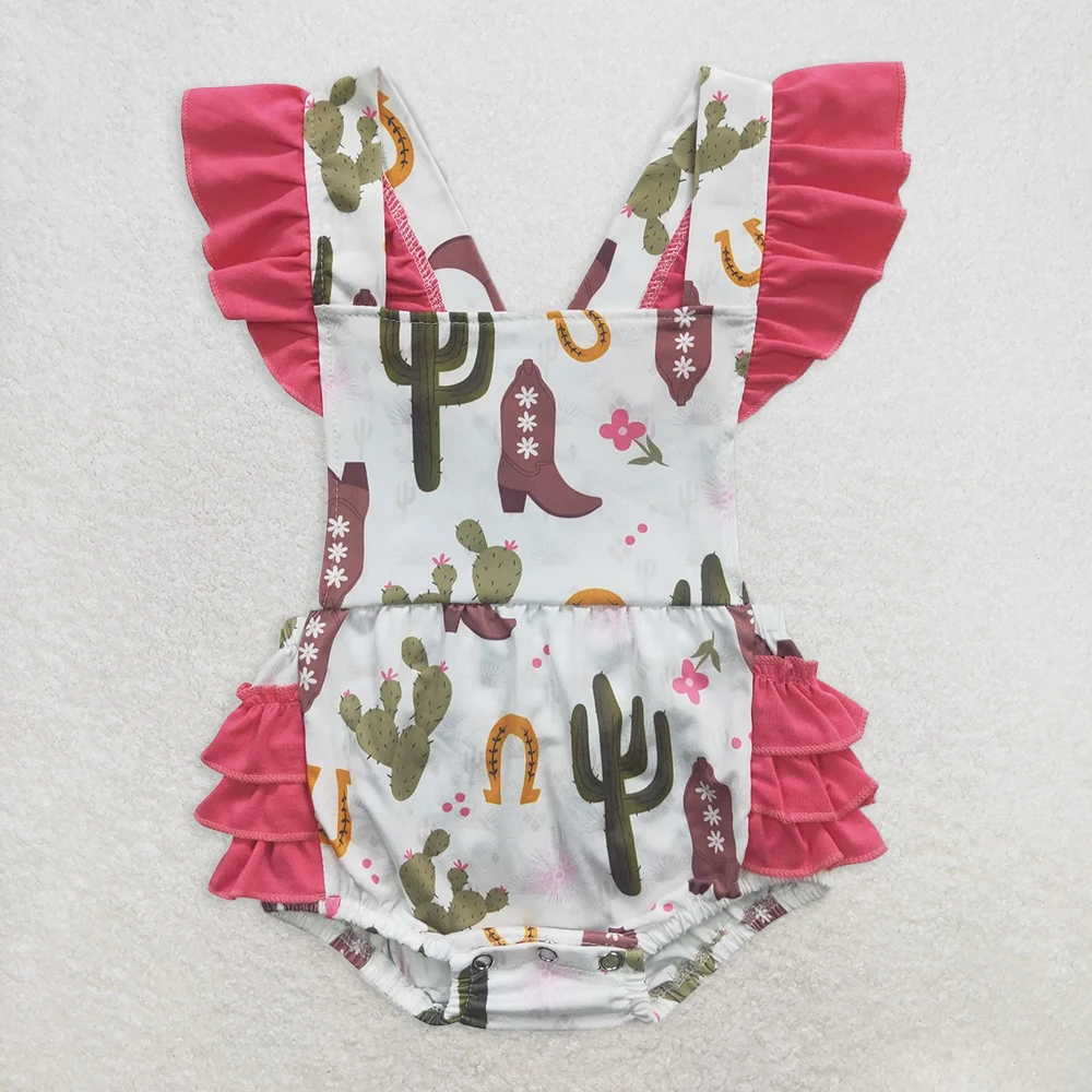 

Baby Girls Cactus Ruffles Western Romper Outfit with Cactus Boots Bubble Baby Girls Western Theme Clothing Set