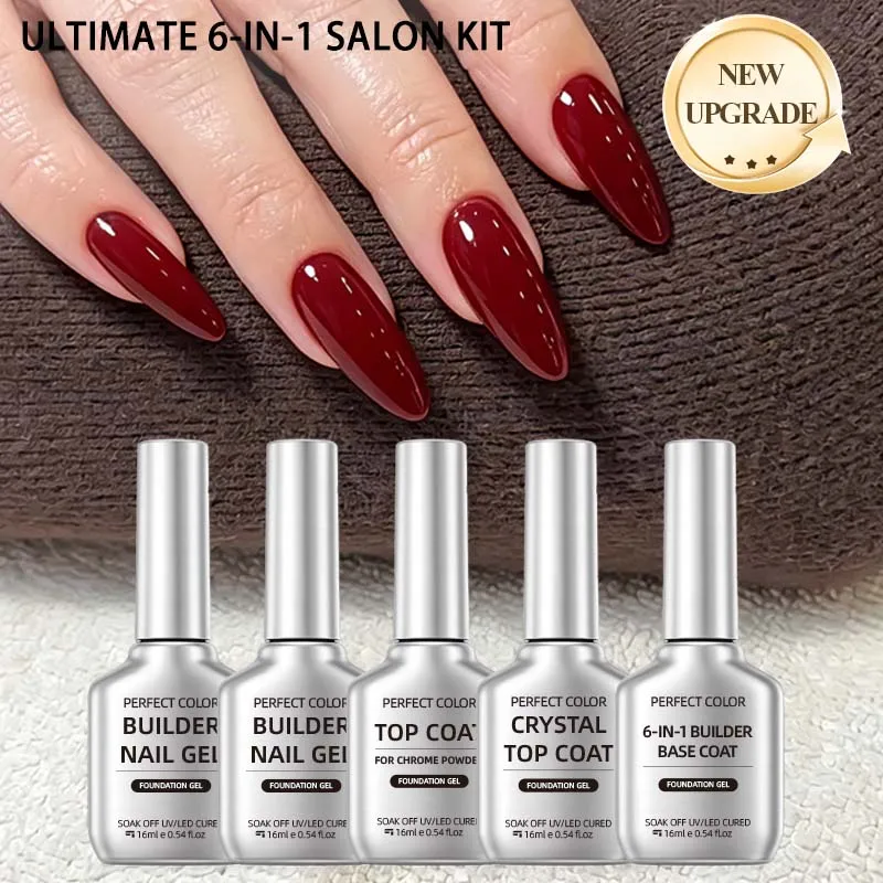 PERFECT COLOR Ultimate Builder Gel Kit, 6-in-1 Builder Base Coat, Self Leveling Builder Gel, Chrome Powder Top Coat UV LED Cure
