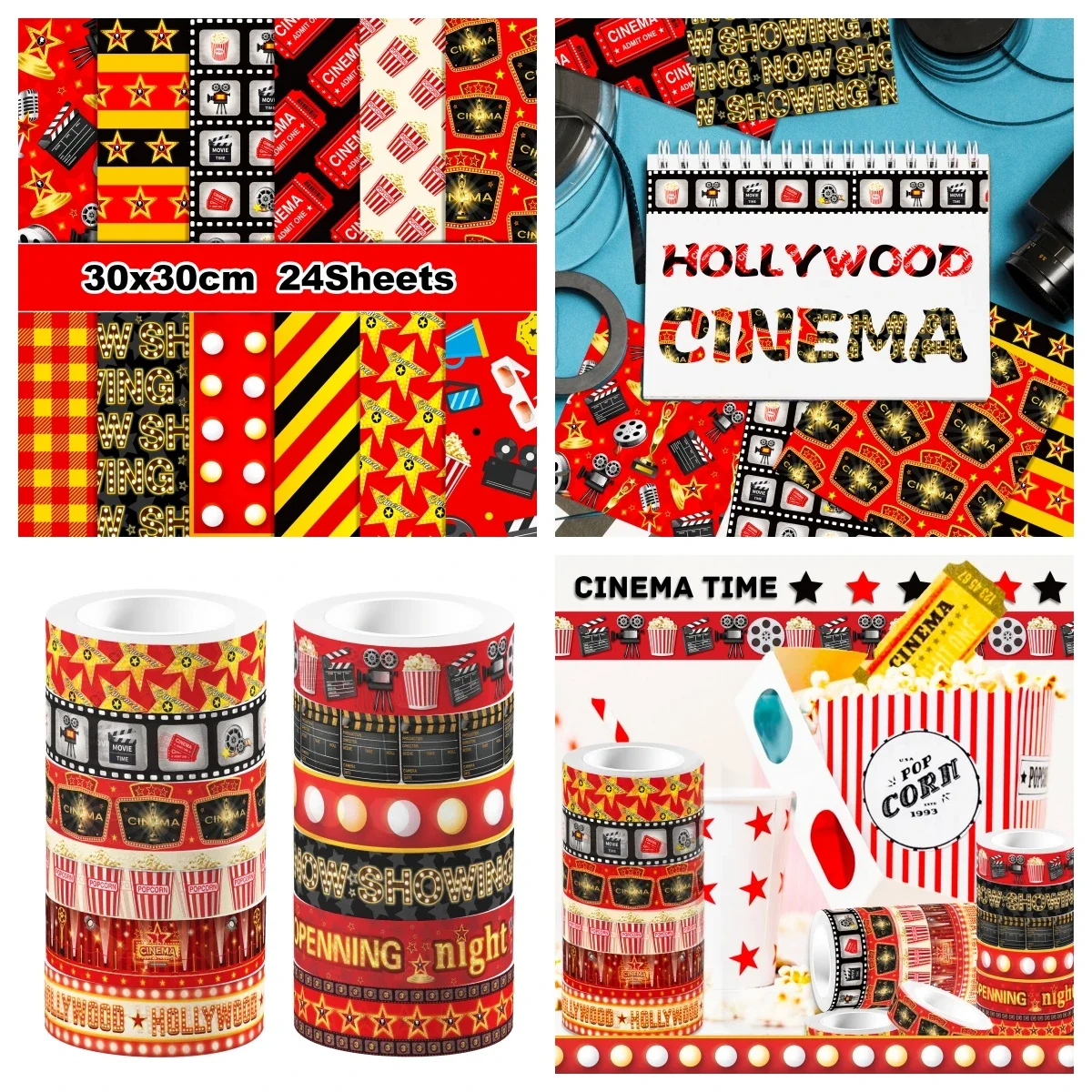 Movie Cinema Themed Scrapbooking Paper, DIY Journal Decorative Paper Masking Tape, Birthday Christmas Gift Stationery Supplies